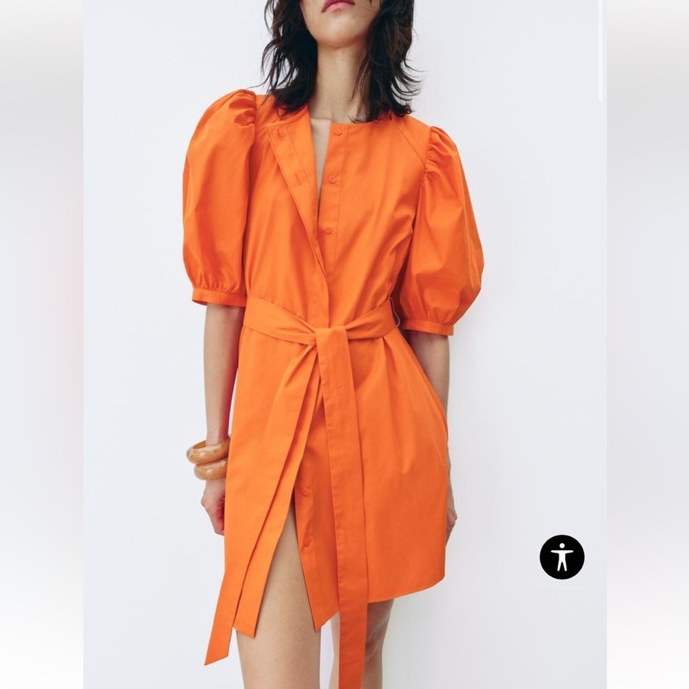 Zara 8152/313 NWT ZW Collection Orange Poplin Puff Sleeve Tie Waist Mini Dress